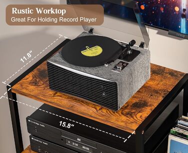 Підставка для програвача з полицями для вінілових платівок, до 200+ альбомів, медіа-тумба, консольний столик, стійка для аудіо-відео, підставка для програвача, полиця в стилі рустік, коричнева, компактна