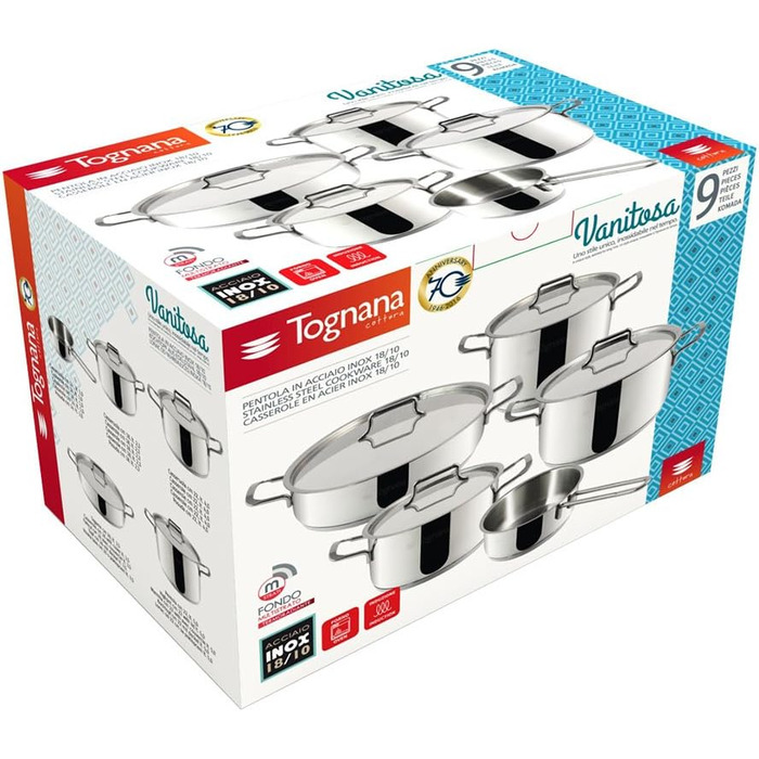 Набір посуду Tognana Vanitosa з нержавіючої сталі, 9 предметів: 3 каструлі, 1 сотейник, 1 сковорода, 4 кришки