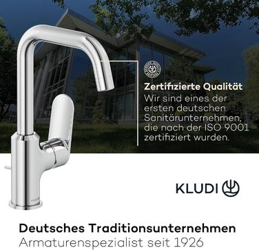 Змішувач для умивальника KLUDI-X1 з витяжною системою, поворотний на 360°, висота виливу 205 мм, водозберігаючий, розмір L, з підключенням, хром, з комплектом для зливу, хром