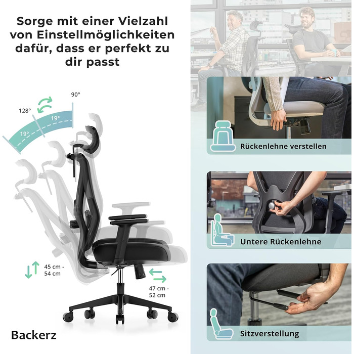 Офісне крісло Backerz Ergonomic - Офісні крісла 150 кг, сертифікація NEN 1335 - Офісний стілець - Стілець - Ергономічне офісне крісло - Комп'ютерне крісло з регулюванням висоти та зручністю для спини - чорний