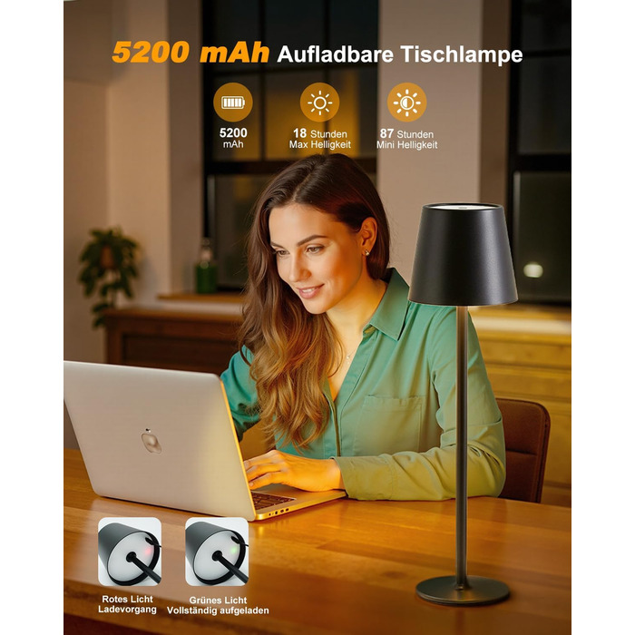 LED настільна лампа Bonsery (2 шт.) з акумулятором 5200mAh, регульована яскравість, 3 кольори світла, металева, вологостійка, 2 висоти (24/37,5 см), для дому, бару, кемпінгу, чорна