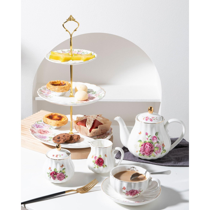 Стійка для тістечок Sweejar Home з кераміки, 3 яруси, для весілля, десертів, капкейків, чаювання, сервірування їжі (Рожева троянда)