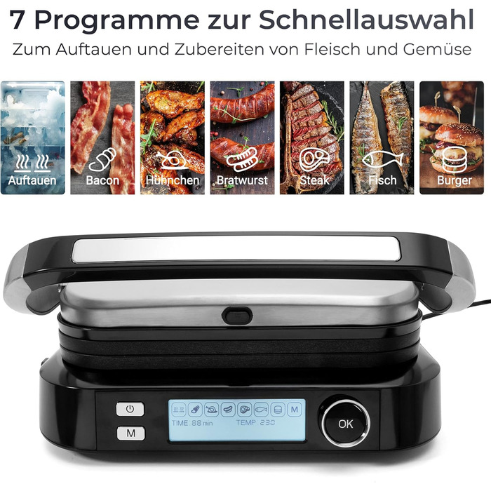 Контактний гриль KLAMER з 7 автоматичними програмами, знімні пластини з антипригарним покриттям, 2100W, чорний & нержавіюча сталь