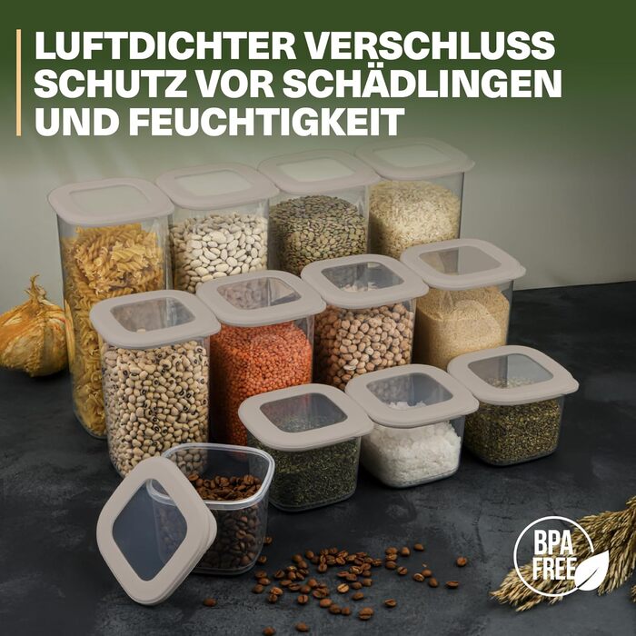 Набір контейнерів для зберігання з кришкою 12 шт. – Герметичні контейнери для борошна, мюслі, горіхів та ін. – Без BPA, складаються, придатні для миття в посудомийній машині – Вкл. наклейки