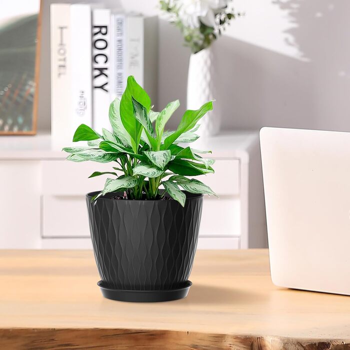 Набір горщиків для квітів з системою поливу (5 шт.), 17.8 см, з підставкою, для дому та балкону (чорний)