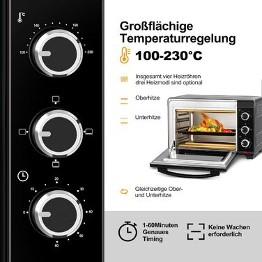 Міні-піч WOLTU 28 л, піч для піци 1600 Вт, 100-230 °C, таймер 0-60 хв, 3 режими нагріву, з деко, решіткою, підсвічуванням крихт, підйомником решітки, чорна