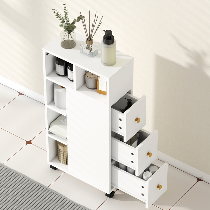 Тумбочка для ванної кімнати, вузька, з 4 роликами, 3 висувними ящиками та 5 відкритими полицями, розміром 20x40x80 см, біла