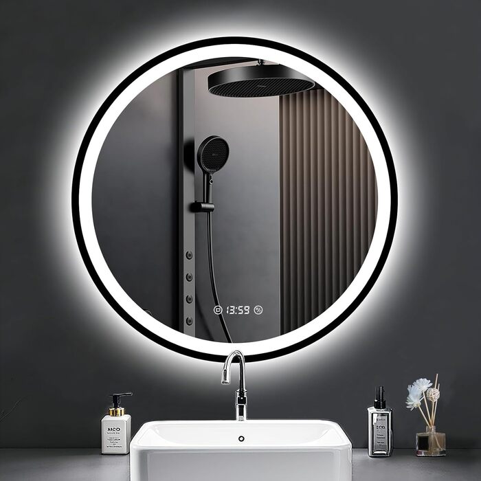 Дзеркало кругле PESENXAN 70см з чорною рамою та підсвічуванням. Антизапарник, диммер, 3 кольори світла, LED, енергозбереження, сенсорна кнопка, функція пам'яті. 60x60 см