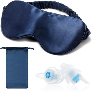 Шовкова маска для сну Hearprotek з берушами та атласною сумкою темно-синя