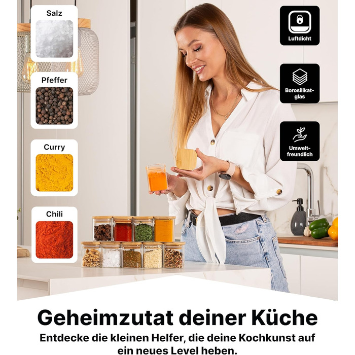 Набір скляних баночок для спецій Deco haus® з дерев'яними кришками (10 шт.) - Набір контейнерів для спецій, баночки для приправ