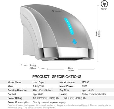 Автоматичний сушар для рук, настінний, інфрачервоний сенсор, 2000W, для ванної кімнати/туалету, тихий (40 db), компактний, ABS-кришка (сірий)