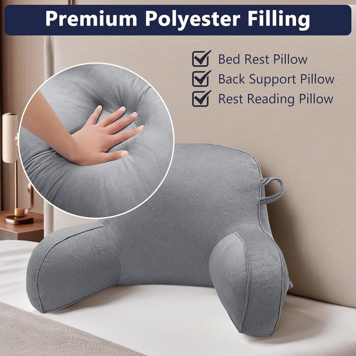 Лежак-крісло для читання, подушка для відпочинку в ліжку для дорослих та дітей, м'яка спинка з підлокітниками, кишенями та ручкою, сірий колір