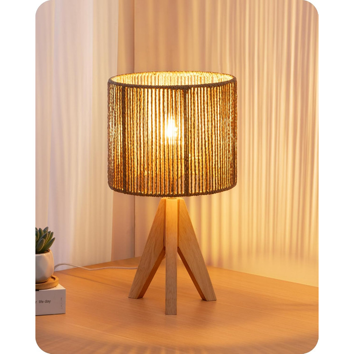 LED настільна лампа EDISHINE з абажуром з ручної роботи та дерев'яною підставкою, тепле світло 2700K, бохо-стиль для спальні, вітальні та готелю, з лампочкою E27 4W, паперовий шнур