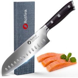 Японський ніж Сантоку 18 см, професійний кухонний ніж з нержавіючої сталі, для м'яса та овочів, ергономічна ручка з ебенового дерева, кут заточування 15°, подарункова коробка, 10 років гарантії