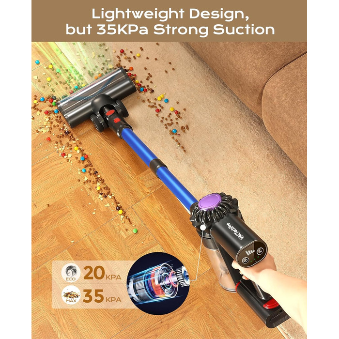 Бездротовий акумуляторний пилосос V15: 35KPa, 6-в-1, для тварин, тверді підлоги та килими (блакитний)