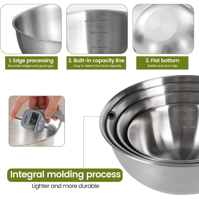 Набір місок для перемішування [5 шт] з нержавіючої сталі, 5 розмірів (0.7 л/ 1.2 л/ 1.8 л/ 2.5 л/ 3.5 л), придатні для миття в посудомийній машині. Салатниці, контейнери для перекусів та миски