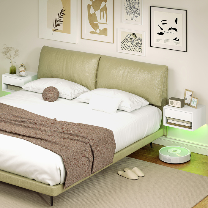 Набір з двох приліжних тумбочок з RGB-підсвіткою, приліжкові тумбочки з плавною конструкцією з висувним ящиком та відкритою полицею, білий