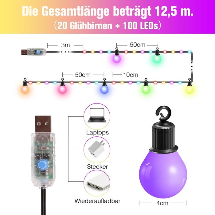 LED гірлянда B-right 12.5м RGB з пультом, IP65, 20 G40 лампочки для декору приміщень та вулиці, на Різдво, Хелловін, балкон, дитячу кімнату, сад