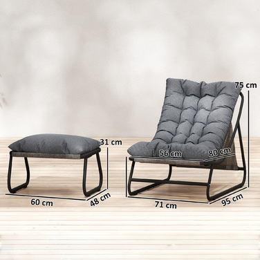 Крісло для відпочинку на відкритому повітрі, балконне крісло з пуфом, м'яке сидіння товщиною 13 см, неслизькі ніжки, темно-сірий