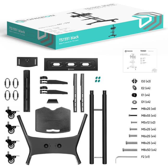 Тумба під телевізор ONKRON рулонна 40-70 дюймів, 45,5 кг, регульована по висоті, макс 600x400 VESA, Black TS1551-B
