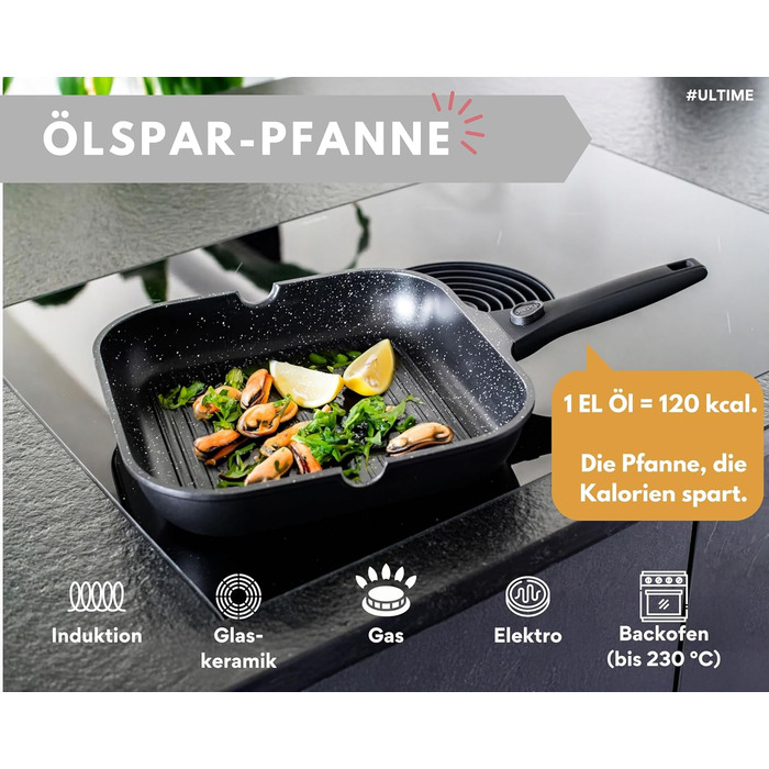 DIVORY Сковорода-гриль 28x28 см з виливом та знімним ручкою - сковорода для стейків на індукційній плиті, з антипригарним покриттям, з лопаткою та захистом для сковороди, чорна