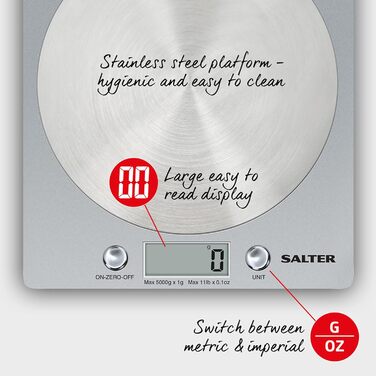 Цифрові кухонні ваги Salter 1036 OLFEU16 Olympus - електричні харчові ваги з платформою з нержавіючої сталі, місткість 5 кг, ваги для випікання з функцією тарування, вимірювання рідин, РК-дисплей, (сріблястий)