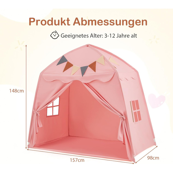 Дитячий ігровий будиночок COSTWAY, намет для дітей з прапорцями та гірляндою, намет принцеси, великий намет у дитячу кімнату для хлопчиків та дівчаток від 3 років, 157 x 98 x 148 см (Рожевий)