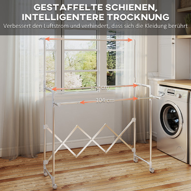 Сушарка для білизни HOMCOM, складана з 3 регульованими перекладинами, металева турбосушарка на коліщатках, турбосушарка для білизни для використання в приміщенні та на вулиці