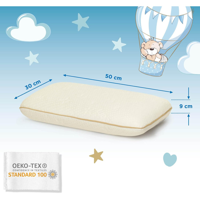Подушка MemoDream Junior від VITAPUR для дітей, 30x50x9 см, Memory Foam, гіпоалергенна, м'яка, пральна, Ökotex-100, від 3 років