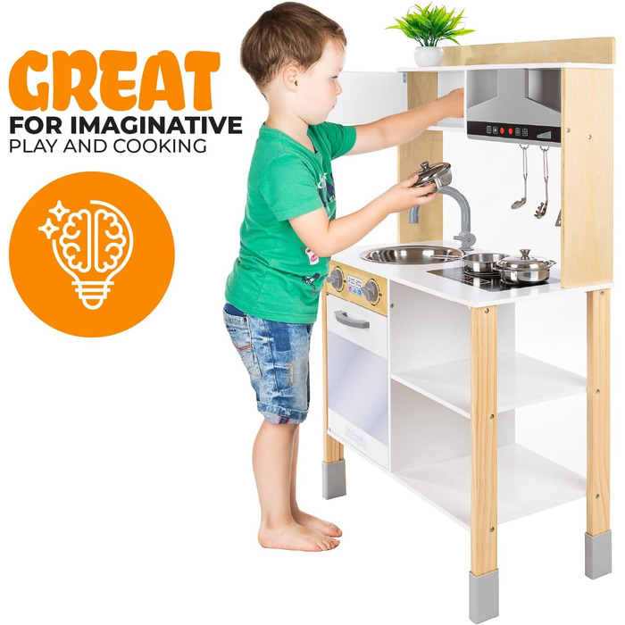 Дерев'яна дитяча кухня Kinderplay з LED та звуками приготування їжі, регульована висота 92–107 см, ігровий набір для дітей від 3 років, повний комплект з аксесуарами, світло-сірий колір (Modern - Weiß)