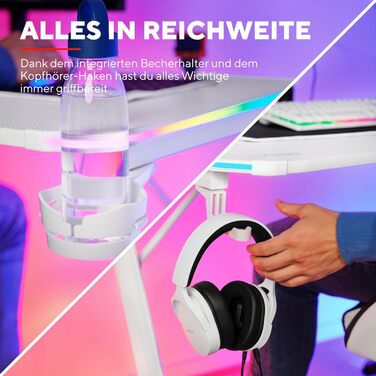 Ігровий стіл Trust Gaming GXT 709W Luminus RGB з підсвічуванням LED, 10 режимів, USB, білий, з тримачем для навушників та напоїв, 120 x 60 см