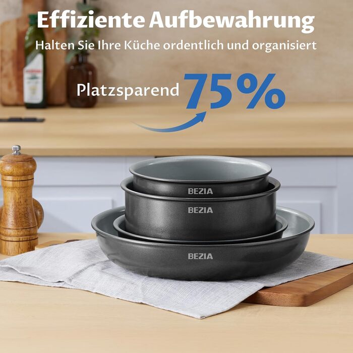 Набір каструль Bezia 10 предметів з знімним ручками, індукційне покриття, антипригарне, стакельне, сумісне з плитами, без PFAS/PFOA (сіро-чорний)