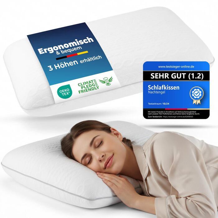 Ортопедична подушка для сну 40x60 з Memory Foam та підтримкою шиї – біла подушка для спини, живота та бокового сну Oeko-TEX, 12 см