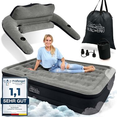 Надувне ліжко для 2 осіб [3-в-1 система] | Елегантне гостьове та кемпінгове ліжко | Надувна матрац з електропомпою 150x200 | Самостійно надувна повітряна матрац 2 особи Чорний/Антрацит