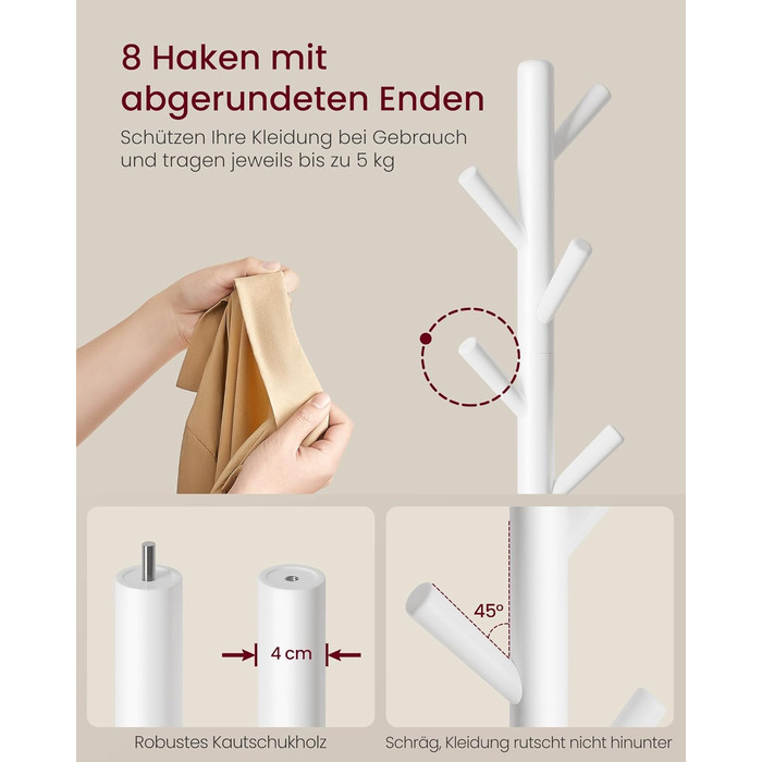 Стійка для одягу VASAGLE, дерев'яна, у формі дерева, з 8 гачками, для передпокою, RCR010B01 (Хмарний білий)