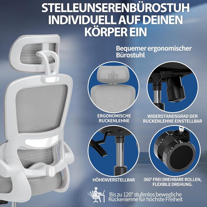 Ергономічне крісло TRALT для офісу з регульованою підтримкою попереку та підголівником. Ігрове крісло, офісне крісло для дому та офісу. Максимальне навантаження 150 кг, сірого кольору.