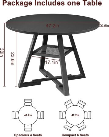 Круглий обідній стіл для 2-4 осіб з поличкою, кухонний стіл в індустріальному стилі (107x107x76 см, 120x120 см), чорний