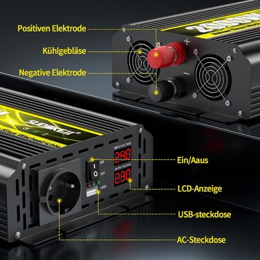 Перетворювач напруги SUDOKEJI 1500 Вт/3000 Вт чистий синусоїдальний інвертор 12 В до 230 В розетка ЄС з РК-екраном і пультом дистанційного керування, порт USB для автомобілів, вантажівок, кемпінгу, аварійної побутової техніки (12 В, 2000 Вт)