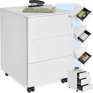 Шкафчик для офісу tectake® з металу, з ключем, на колесах, з висувними ящиками. Органайзер для столу, мобільний шафчик, білий