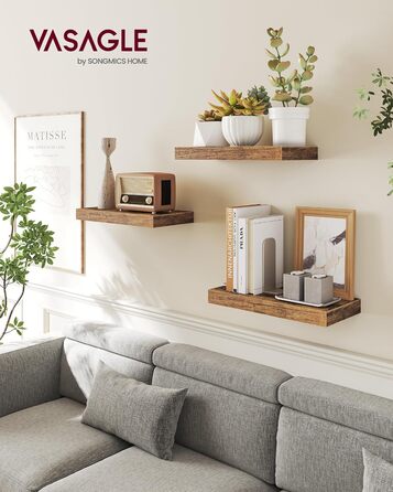 Настінна полиця VASAGLE, 3 шт. у наборі, 20 x 80 x 3,8 см, вінтажний колір, для фотографій, декору, вітальні, кабінету, кухні