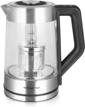 Електричний чайник Emerio WK-122248 з боросилікатного скла, 1.7л, чорний/срібний, з автоматичним ситом, регулювання температури, 2200 Вт