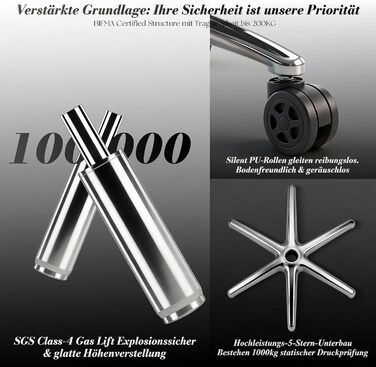 Офісний стілець Efomao XXL 200 кг з підставкою для ніг, штучна шкіра, висока спинка, регульовані підлокітники, підтримка попереку, сірий - для дому та офісу