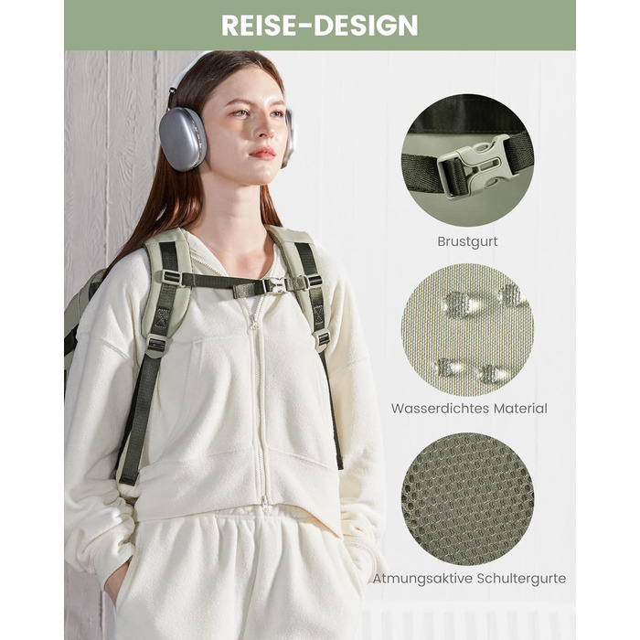 LOVEVOOK Рюкзак ручної поклажі, 40L, для подорожей, дамський, водонепроникний, для ноутбука 17 дюймів, кофр-рюкзак, для роботи, ділових поїздок, Weekender, оливково-зелений, світло-бежевий, оливково-зелений