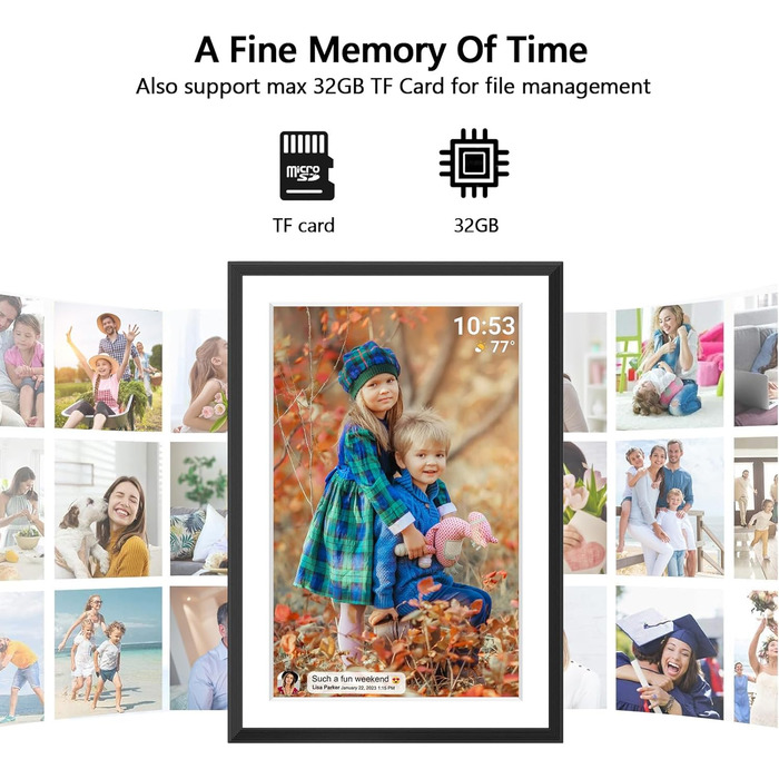 Цифровий фоторамка FRAMEO з Wi-Fi, 32GB, 10.1 дюйма, сенсорний екран, автоповорот, датчик руху, Frameo App для обміну фото з будь-якого місця