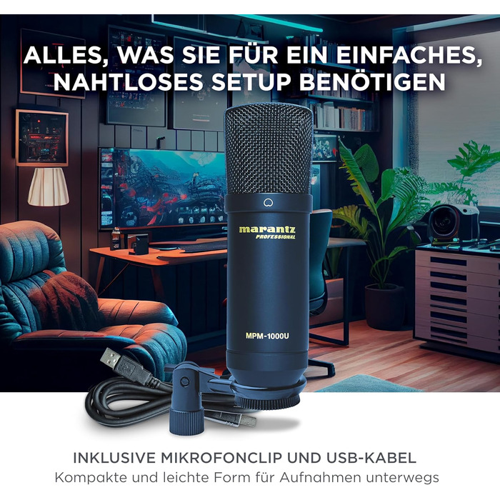 Мarantz Professional MPM-1000U - Конденсаторний мікрофон з великою мембраною, USB, з нирковою характеристикою для подкастів, студії, геймінгу. Комплектується кабелем USB та кліпсою для мікрофона.
