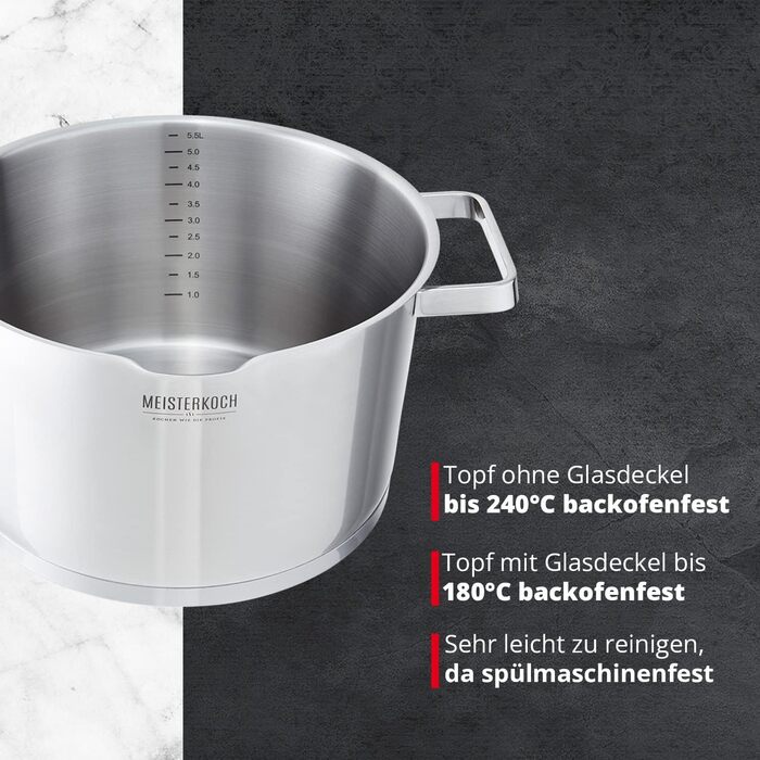 Каструля Meisterkoch з нержавіючої сталі 16 см Ø | з виливом, мірною шкалою та ізольованою ручкою | 1 скляна кришка з дрібним та великим ситом | посуд з нержавіючої сталі, підходить для індукційних плит (24 см)