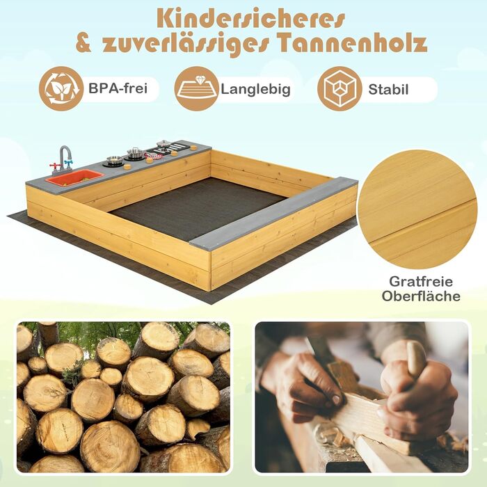 Пісочниця DREAMADE 135x125x20 см з сосни для вулиці: пісочний набір з аксесуарами та лавкою