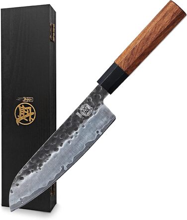 Японський ніж Mitsumoto Sakari Santoku 19 см з високоякісної сталі, ручка з рожевого дерева, подарункова коробка