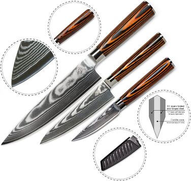 Набір кухонних ножів Wolfblood з дамаської сталі (32, 26, 20 см) - 67 шарів, 62 HRC, з захистом леза та подарунковою коробкою