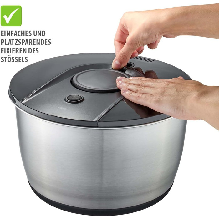 Салатниця GEFU з кришкою для зберігання, 3л, пластикова чаша з вбудованим ситом та ручним приводом, чорно-сіра